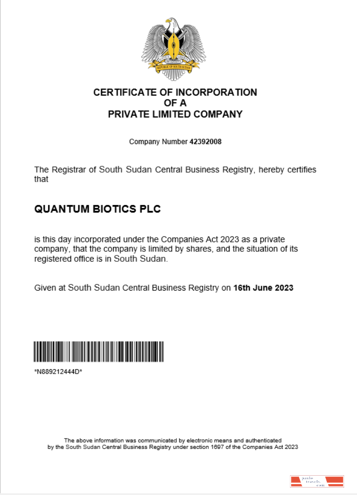 South Sudan business registration certificate Word and PDF template